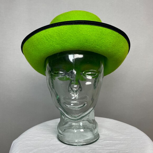 Vintage Felt Wool Hat Women Bright Green Black Velvet Brim Halloween Costume - Picture 2 of 14